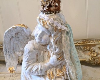 White Painted Angle Statue Cherub Figurine Distressed Gold French Nordic Rustic Shabby Chic Nursery Decor