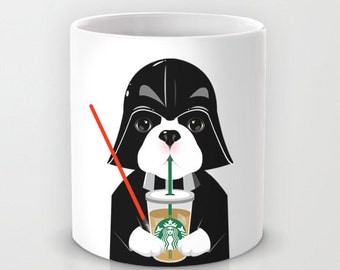 Personalized mug cup designed PinkMugNY - I love Starbucks - French Bulldog wearing a Darth Vader costume