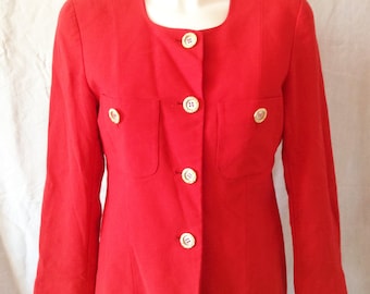 Jacket / Blazer vintage, bright red, gold buttons, James Donna and size F 40 / 42, USA 31, UK 12 / 14.