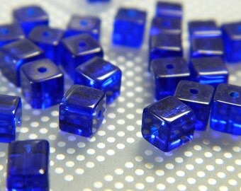 4MM Cobalt Blue Square Glass Beads - Transparent Cube Glass Beads - Square Bead Spacers - 25 Beads
