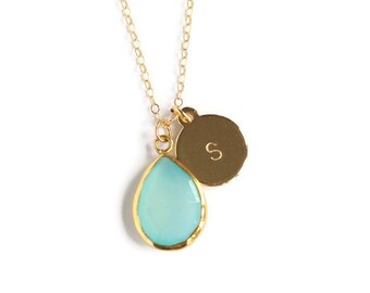 SALE Blue Chalcedony Teardrop Pendant Necklace with Hand Stamped Gold Initial Charm