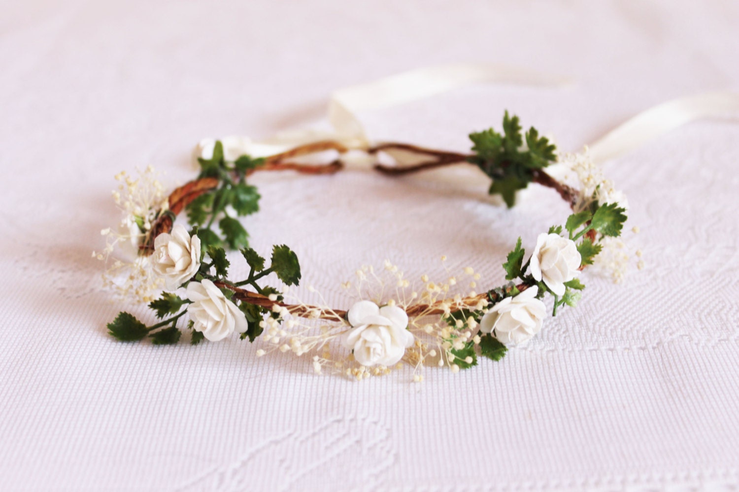 Small White Rose Flower Crown / floral leaves baby's