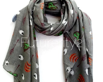 Sheep And Tree Grey Scarf / Spring Summer Scarf / Autumn Scarves / Women Scarves / Gifts For Her / Handmade Accessories / Gifts For Mother