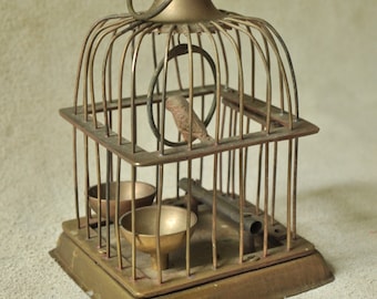 Cage à Oiseaux Miniature Vintage – Métal Rose Et Bleu Avec Oiseau Décoratif