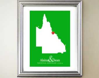 Queensland Custom Vertical Heart Map Art - Personalized names, wedding ...