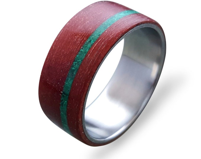Titanium men ring with Rose wood and Malachite and Glow In The Dark Powder Ring