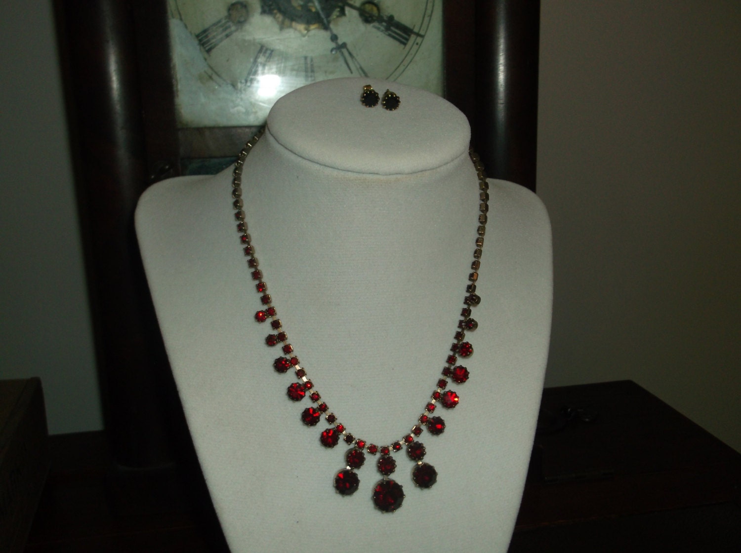 Stunning Vintage 1950s Faux Ruby Necklace and Pierced faux