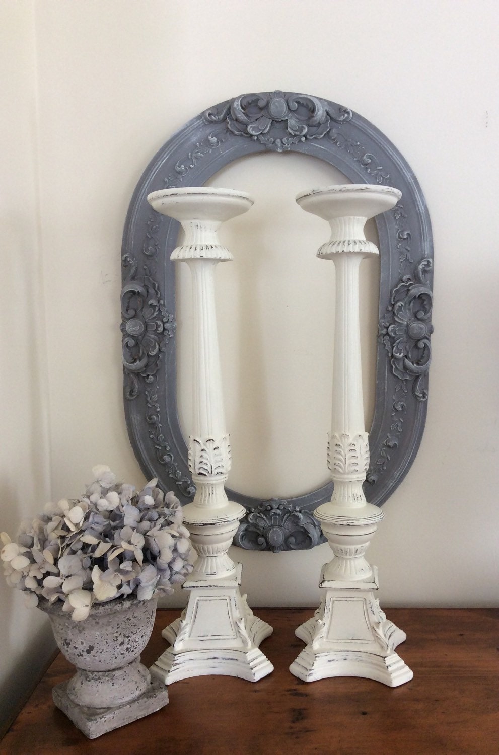 French Shabby Chic Candle Holders Cottage White Candlesticks
