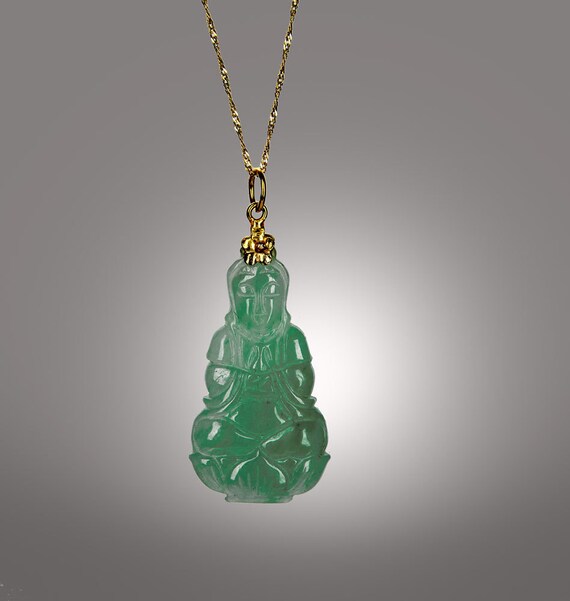 Art Deco carved green jade necklace with 14k gold chain