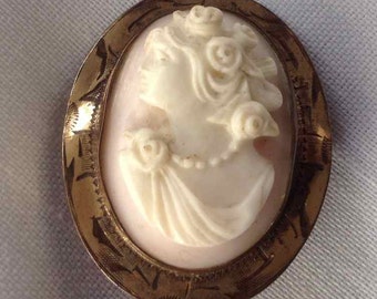Vintage Oval Cameo Brooch in Decorated Pinchbeck Metal Setting - 1920's to 1930's