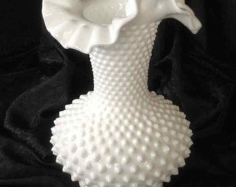 Vintage Fenton Hobnail Crimped Edge and Footed Milk Glass Vase - 1970's