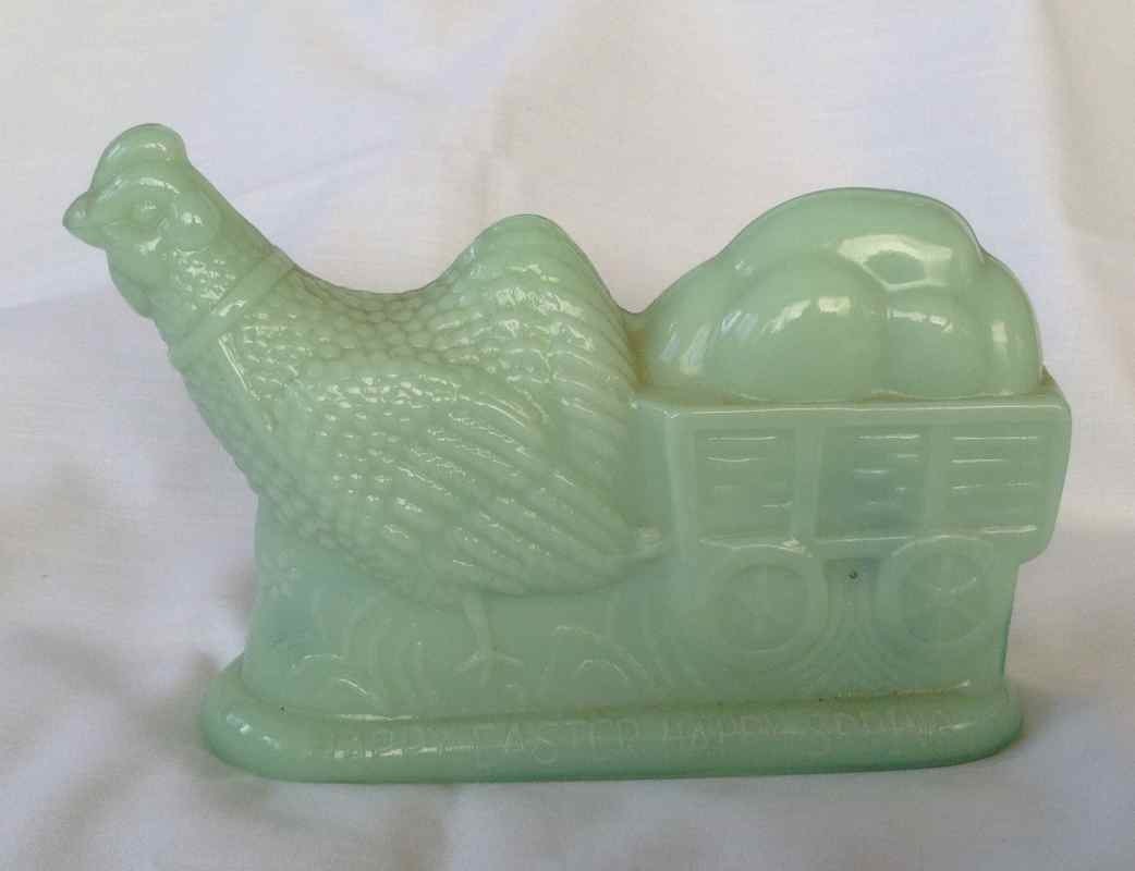 Vintage Jadeite Glass Figurine of Chicken Pulling Cart Filled