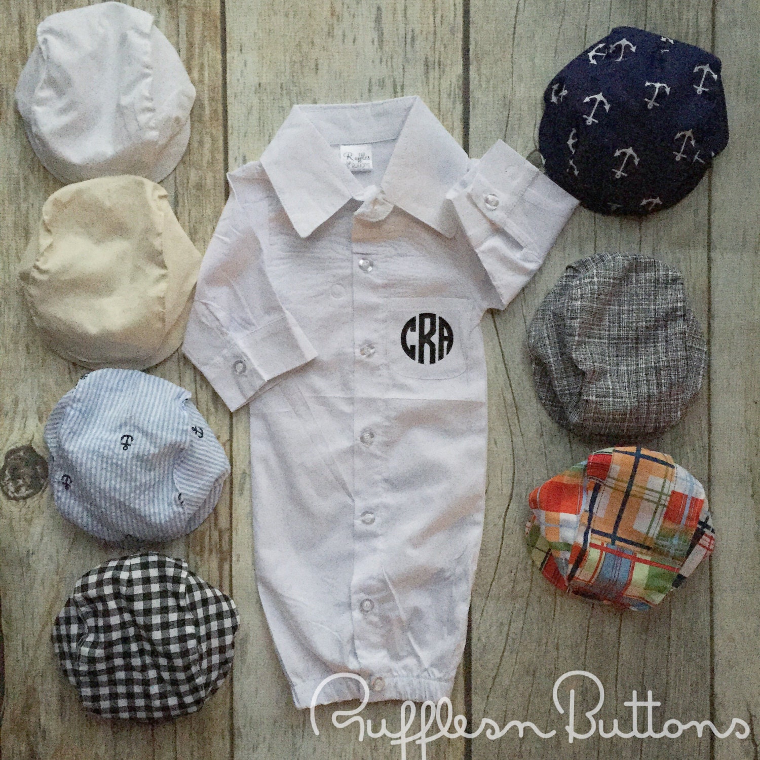 White button down baby boy gown dedication gown monogrammed