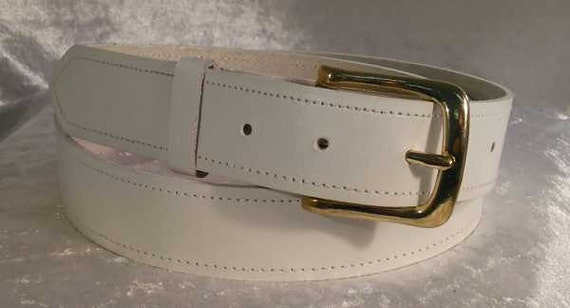 White leather belt with 30mm brass buckle Made to Order