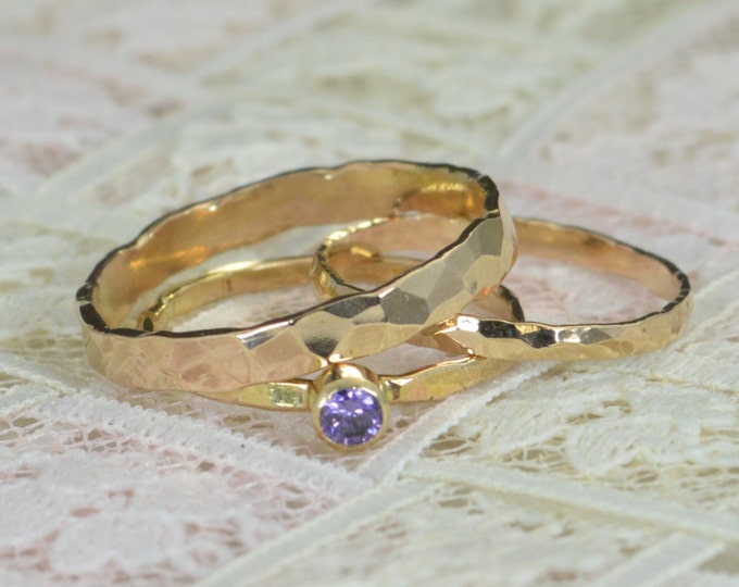 Amethyst Engagement Ring, 14k Gold, Amethyst Wedding Ring Set, Rustic Wedding Ring Set, February Birthstone, Solid 14k Amethyst Ring