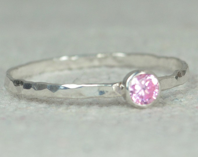 Dainty Pink Tourmaline Ring, Silver, Stackable Rings, Mother's Ring, October Birthstone Ring, Skinny Ring, Birthday Ring, Rustic Silver RIng
