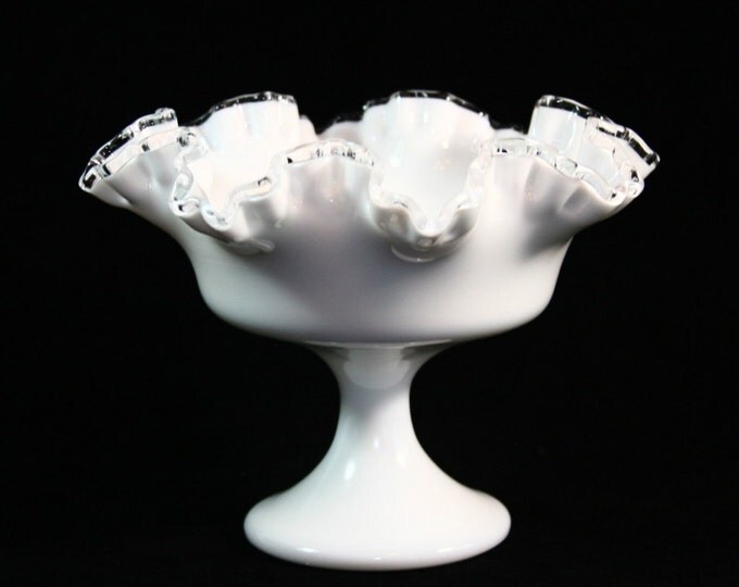 Storewide 25% Off SALE Vintage Fenton Silver Crested White Milk Glass Compote Featuring Classical Ruffled Fan Design