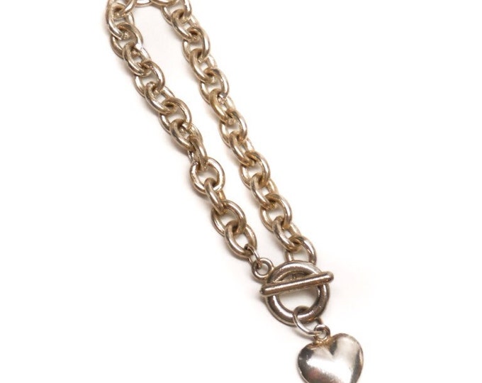Storewide 25% Off SALE Vintage Silver Plated Toggle Clasp Heart Link Designer Bracelet Featuring Large Heart Pendant With Heavy Link Design