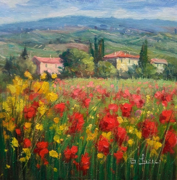 Italian Painting Bloomed Panorama Tuscany Countryside By Modiarte