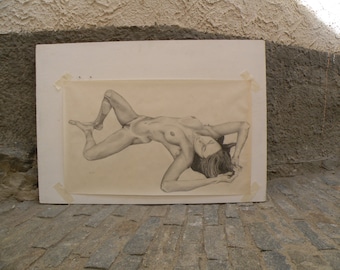 Pencil drawing on paper. Artistic female nude