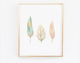 Feathers wall art print - Faux Gold Foil Print -scandinavian modern- Blush Pink Mint and Gold - 5x7, 8x10, 11x14, 12x16, home decor (1033)