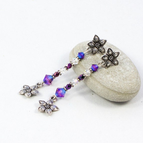 Jasmine Flower Dangle Earrings, Post Earrings, Floral Drop Earrings, Swarovski Dangle Earrings, Purple Flower Earrings, Solana Kai Designs