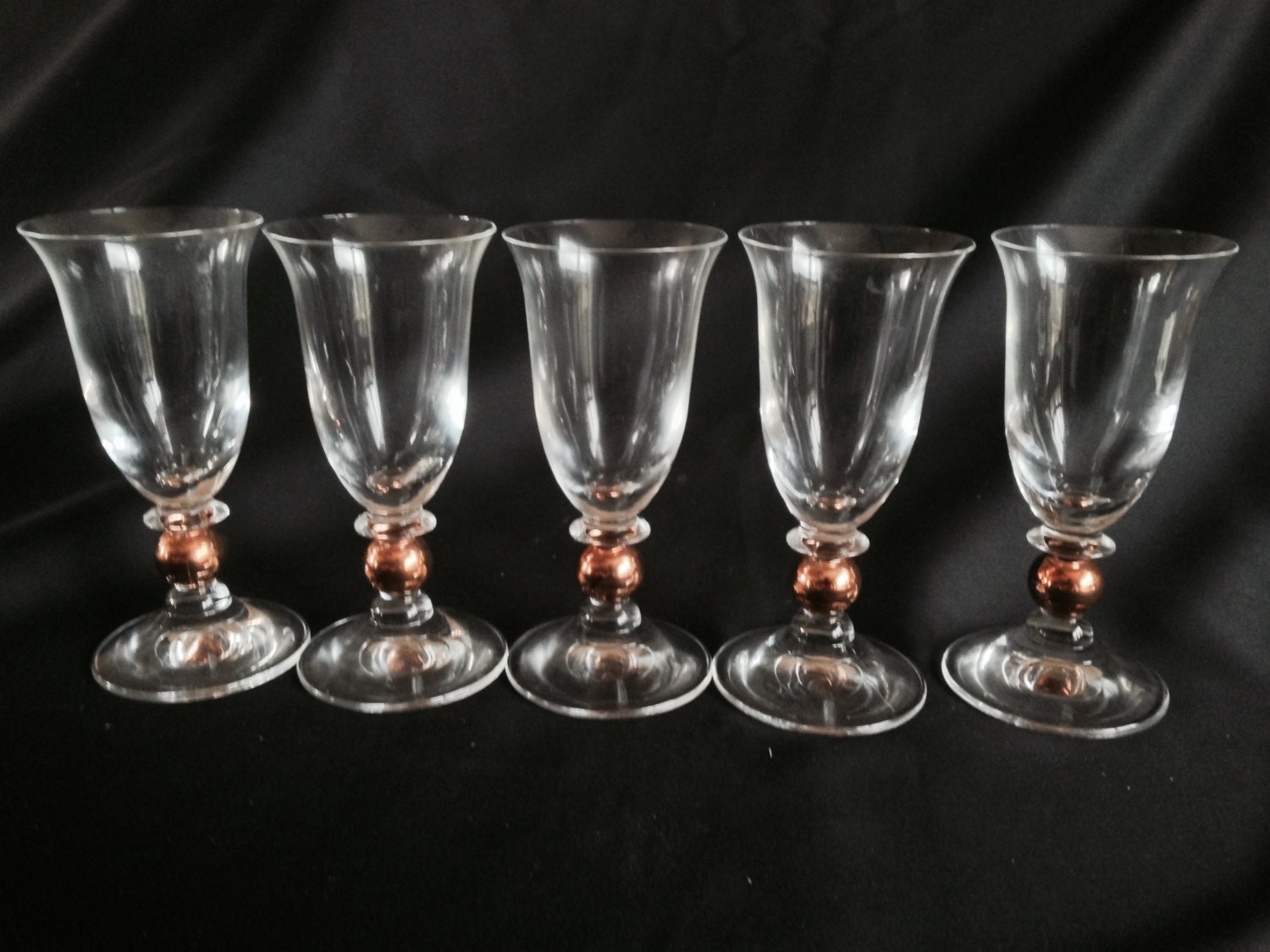Set of 5 Champagne Flutes/Wine Glasses with Gold Ball Stems