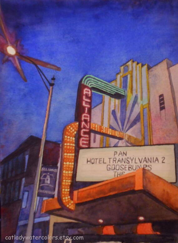 Movie Theater Watercolor Print. Theater painting. Neon Lights.