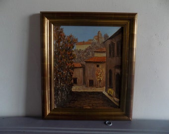 French vintage oil painting of village scene, rural scene, paysage