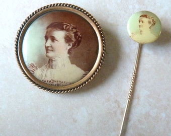 Antique Brooch And Stick Pin Victorian Memorial Photographic Serene Lady