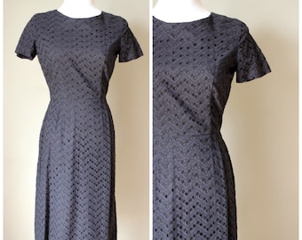 1960s Navy Blue Zig-Zag Eyelet Fabric Dress