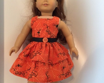 Halloween Dress Fits 18 Inch Doll Clothes Sparkle Orange Background With Spiders, Webs and "Boo" in Black Fits American Girl Doll Clothes