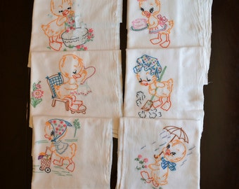 Set of 6 Hand Embroidered Duck Tea Towels, Dish Towels, Flour Sack Towels, Quality Stitching, Hand Stitched,