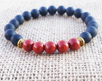 Red Jasper Bracelet Men's Lava Bracelet Tibetan Men Mala Gemstones Stretch Man Bracelet Men's Jewelry Beaded Men Mala