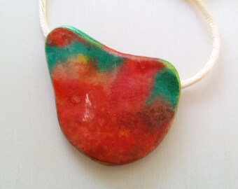 Watercolor pendant paper pendant hand painted necklace paper jewelry paper bead necklace red & green pendant layered paper bead
