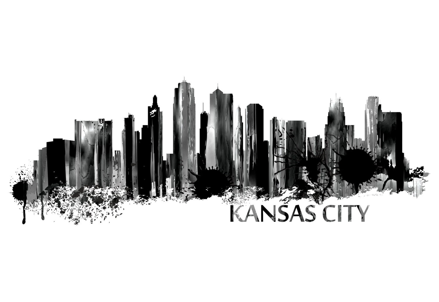 Kansas City Skyline Watercolor Black and White Art Print 736