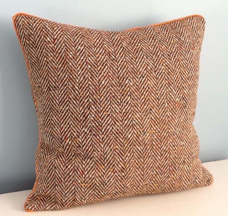 Tweed pillow cover. Brown herringbone. Winter throw pillow.