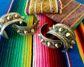 Harley Quinn Costume Vintage Hippy Boho Afghani Kuchi Tribal Bronze Gold Metal Spike Cuff Bracelet with Green Crystal Inlays
