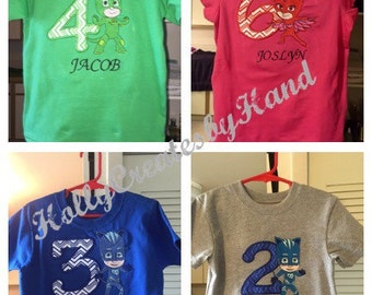 PJ Masks Shirt, Owlette,Gekko, Catboy - personalized embroidered t-shirt, Bedtime Heros, PJ Masks birthday shirt, with or without name/age