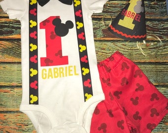 Custom Personalized Smash Cake Mickey Mouse Birthday Outfit with Hat