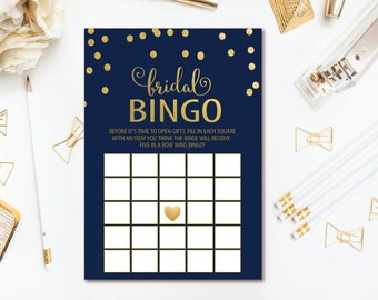 Navy Bridal Shower Bingo, Gold Confetti Printable Wedding Shower Game - INSTANT DOWNLOAD