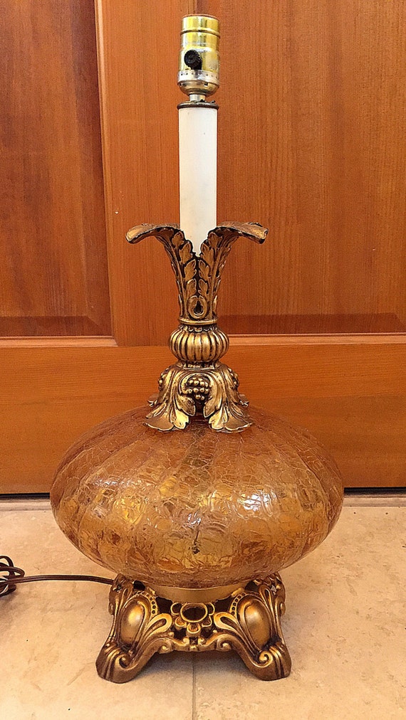 Mid Century Amber Crackle Glass Lamp Hollywood Regency Vintage