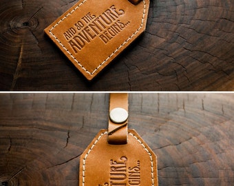 Leather Luggage Tag -- And So The Adventure Begins -- HUGE SALE -- only 16 dollars -- luggage tag -- made in Portland