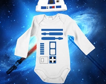 Star Wars Baby Boy R2D2 Bodysuit Long Sleeve Set With A Beanie And a Lap Shoulder Fold Snap On Buttons Costume May The Force Be With You