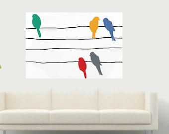 colorful Birds on wire Large modern minimalist Art Hand painting on canvas Contemporary original black and white painting Home decor