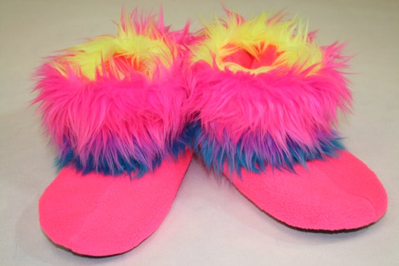 Rainbow Faux Fur Pink Fleece Slippers by GoOutsideAndPlayUSA