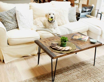 Reclaimed wood coffee table with inlaid metal strips, Industrial coffee table, urban coffee table, reclaimed wood table, vintage look