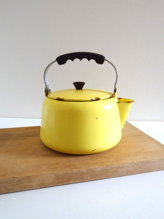 Vintage 1950s Yellow Enamel Kettle Mid Century Teapot