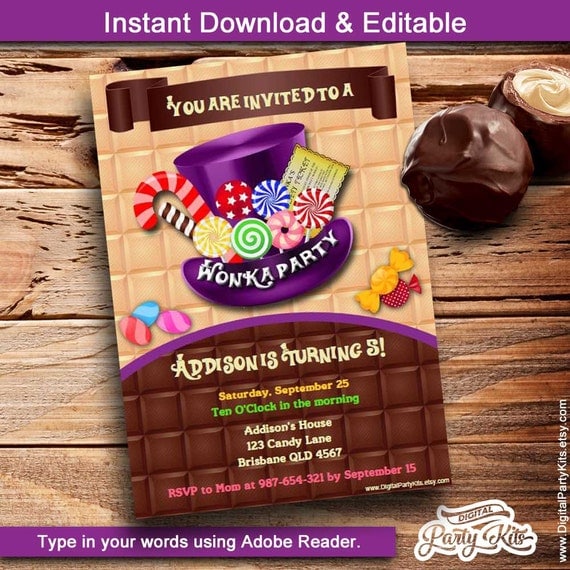 Willy Wonka Invitation Chocolate Invitation by DigitalPartyKits