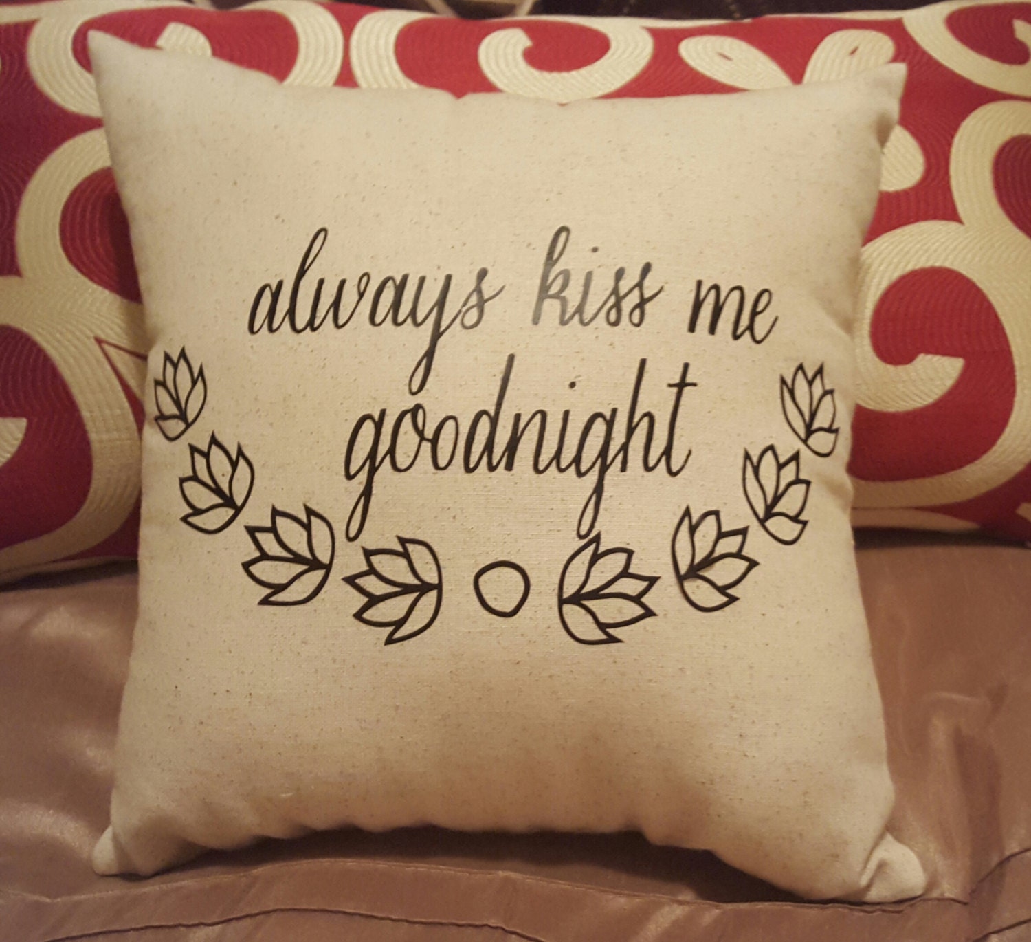 Always kiss me goodnight pillow 12 x 12 toss pillow romantic